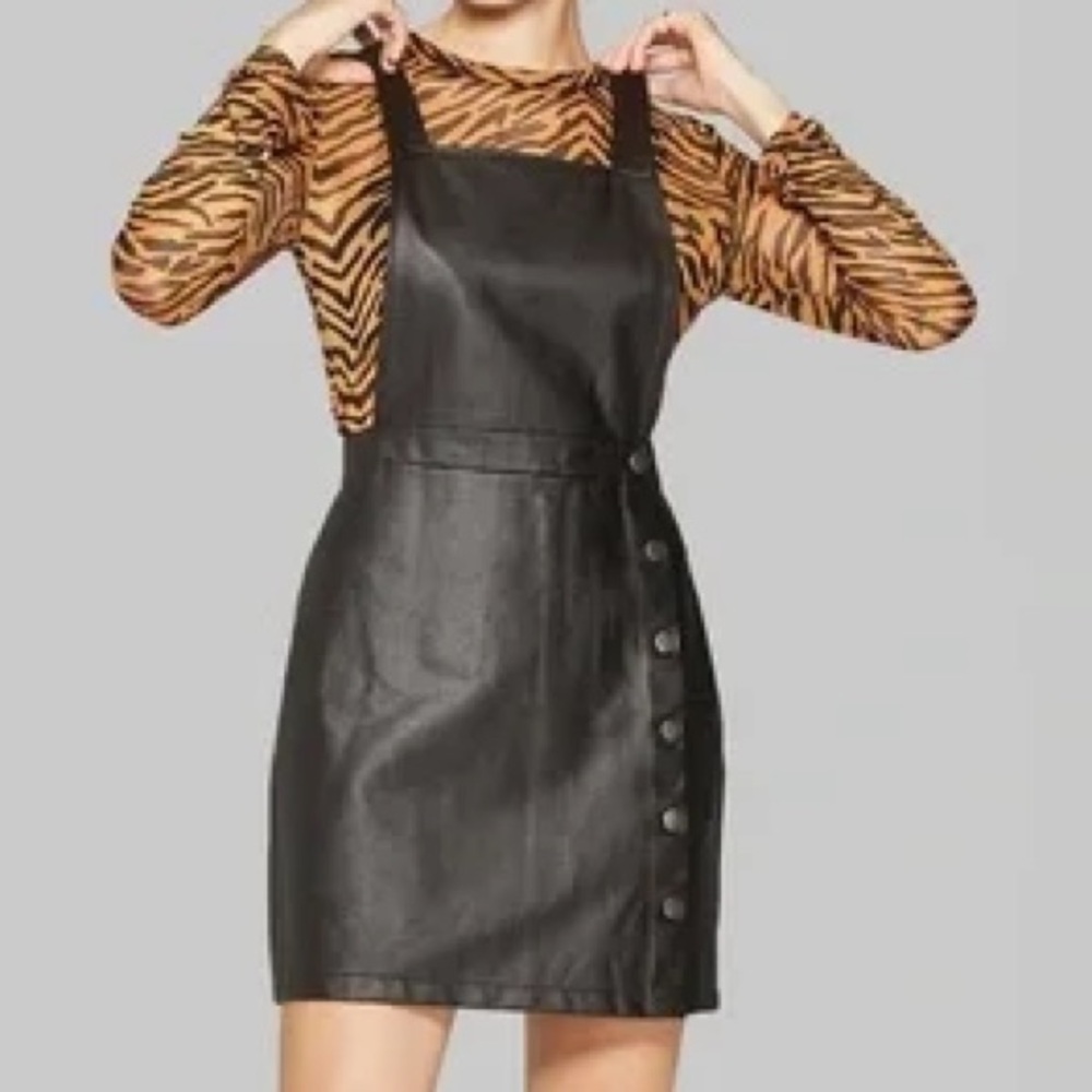 Faux leather overall button up dress